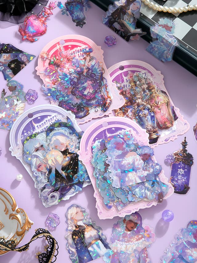 20pcs Holographic PET Scrapbook Ephemera Stickers – Sanctuary Prayer Light Series