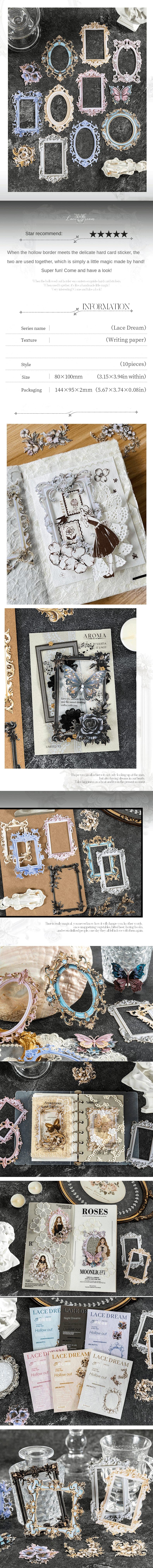 10pcs Lace Dream Series Hollow Frame Die-Cut Decorative Paper Stickers