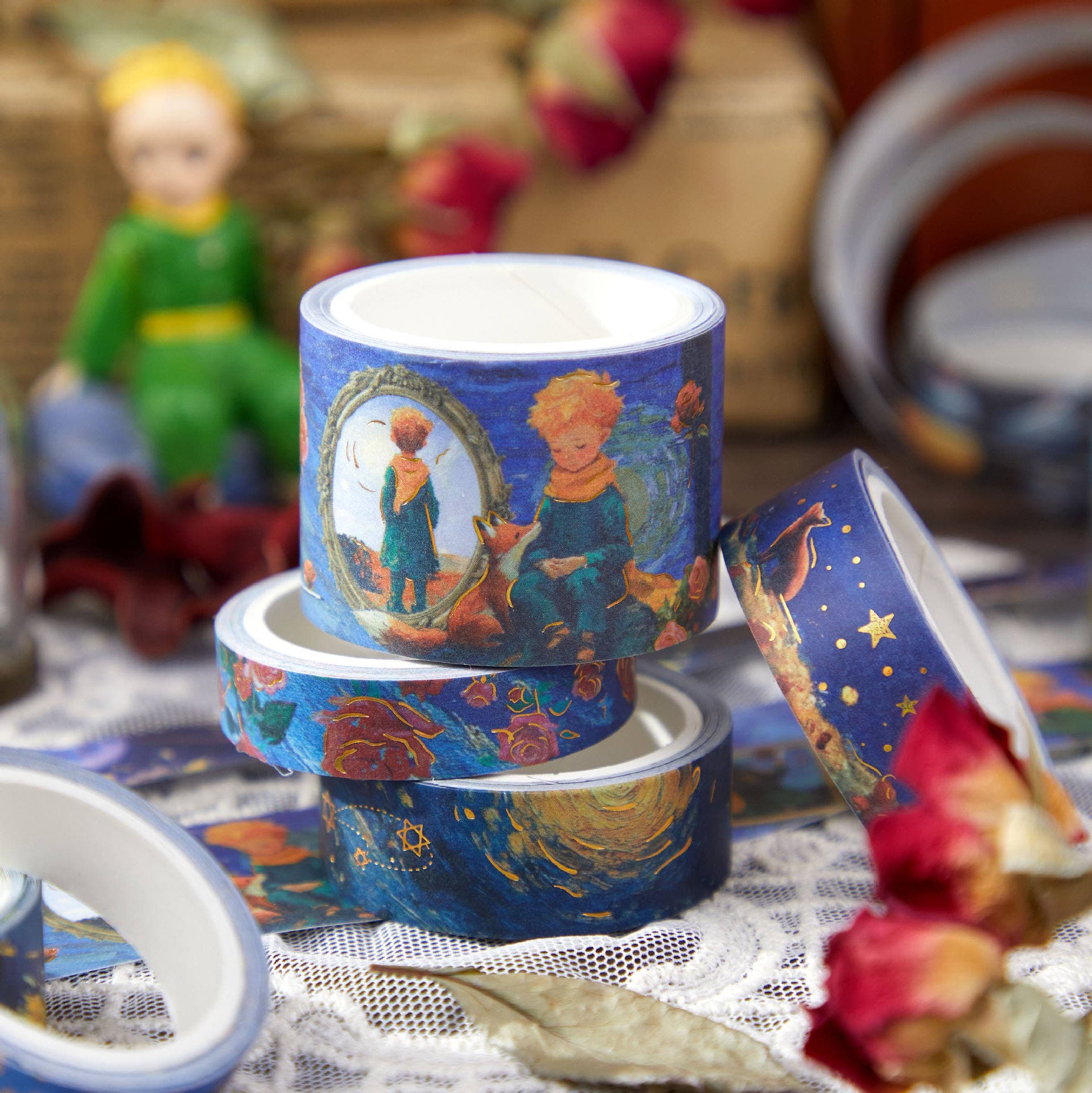 10 Rolls Little Prince–Inspired Star Dream Washi Tape Set (Waterproof, Oil Painting Style) - Image 1